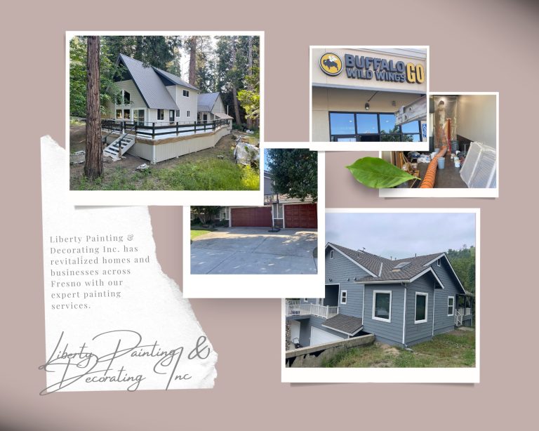 Photo collage of residential and commercial painting projects by Liberty Painting & Decorating Inc. in Fresno, CA, featuring vibrant interiors in Clovis and durable exteriors in Old Fig Garden.