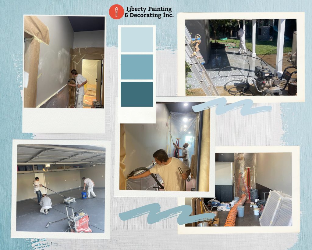 Liberty Painting & Decorating Inc. performing interior painting preparation and application in a Fresno home, using dust-free sanding and precision painting techniques.